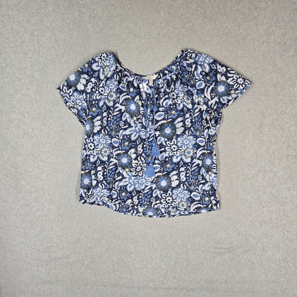 Lucky Brand Women Blouse M Blue Floral Button Scoop Neck Front Boho Garden